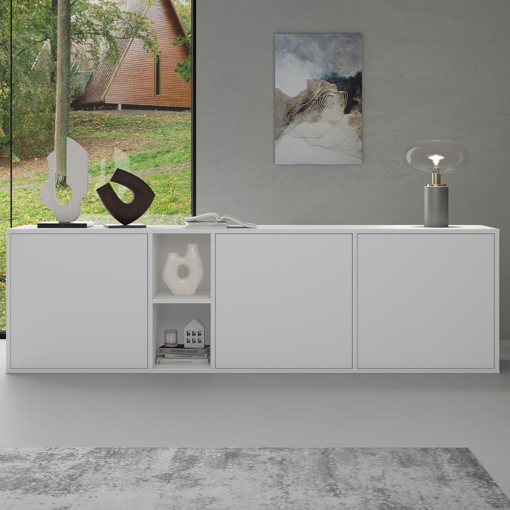 doporro Sideboard Kommode 180 cm in Matt Weiß Aufbewahrungsschrank Hängend oder Stehend für Ihren Wohnbereich Viel Stauraum Schrank 02