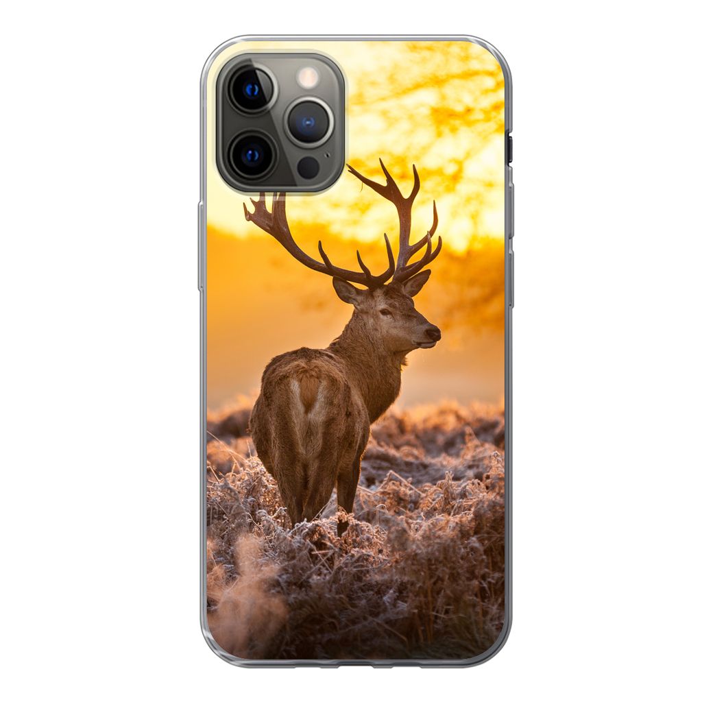 MuchoWow Handyhülle Schutzhülle Hülle für iPhone 13 Pro Hirsche - Tiere - Sonnenuntergang - Winter - Heidekraut - Natur Silikon Softcase Hand...