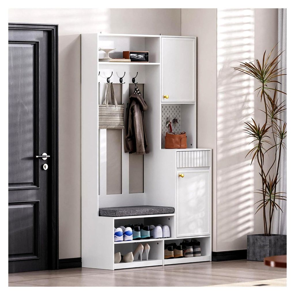 Flurgarderobe Set mit Sitzbank – Kompaktgarderobe mit 4 Haken, Schubladen, Türen und Kippsicherung – Garderobenset Weiß, 100×180×35 cm (B×...