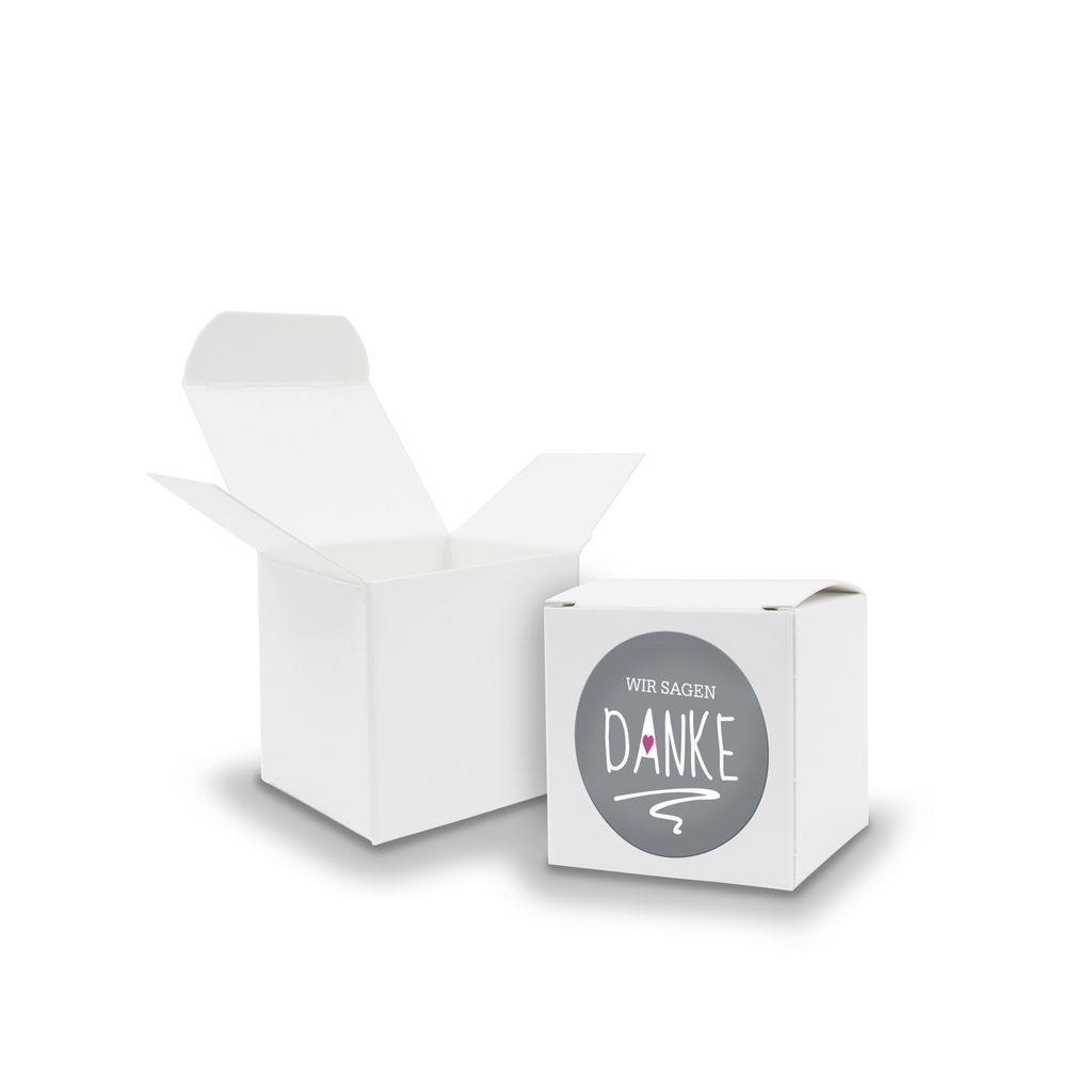 SET Wir sagen Danke (Motiv23) 24x Faltschachtel Würfel 5cm weiß + Sticker