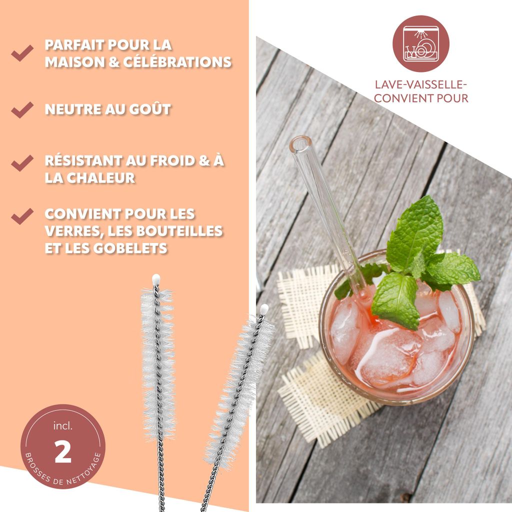 RENYIH Lot de 10 pailles réutilisables en verre pour smoothie, milkshakes, thé, jus de fruits, 2 brosses de nettoyage - Passe au lave-vaisselle (colorées) - 9,05 x 10 mm