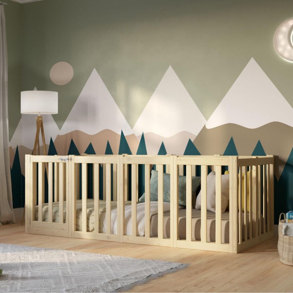 Crazy Pine Kinderbett 120x180 cm – Natürlichem Holz - Montessori Bodenbett mit Hohem Rausfallschutz 73cm und Öffnbarer Barriere - Crazy John