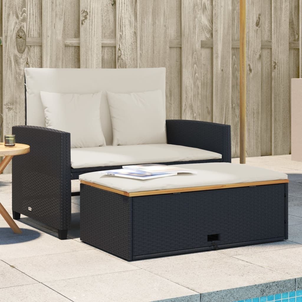 ZMH Gartensofa mit Kissen 2-Sitzer Schwarz Poly Rattan&Akazienholz