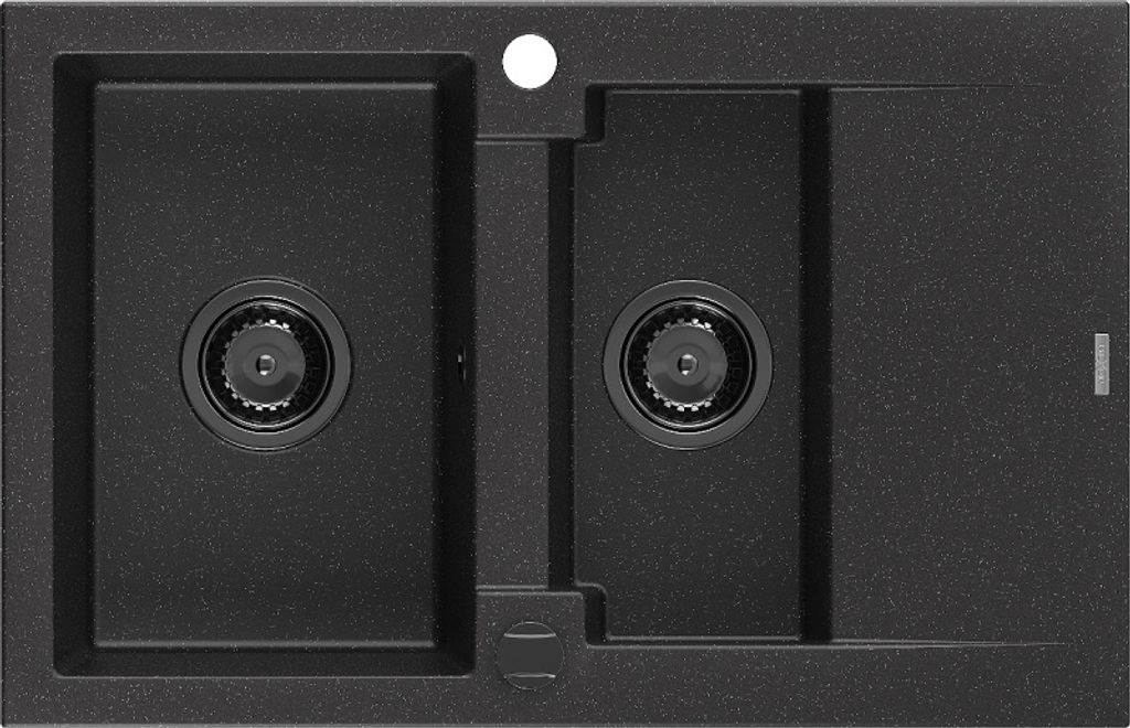 Mexen Gaspar 1,5-Becken-Granitspüle mit Abtropffläche 737 x 475 mm Schwarz/Silbermetallic, Siphon Schwarz - 6507731505-73-B