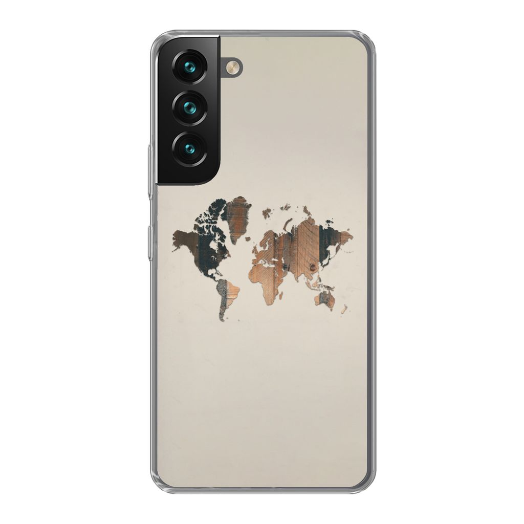 MuchoWow Handyhülle Schutzhülle Hülle für Samsung Galaxy S22 Plus Weltkarte -Holz - Regal Silikon Softcase Handy Hülle - Schutzabdeckung