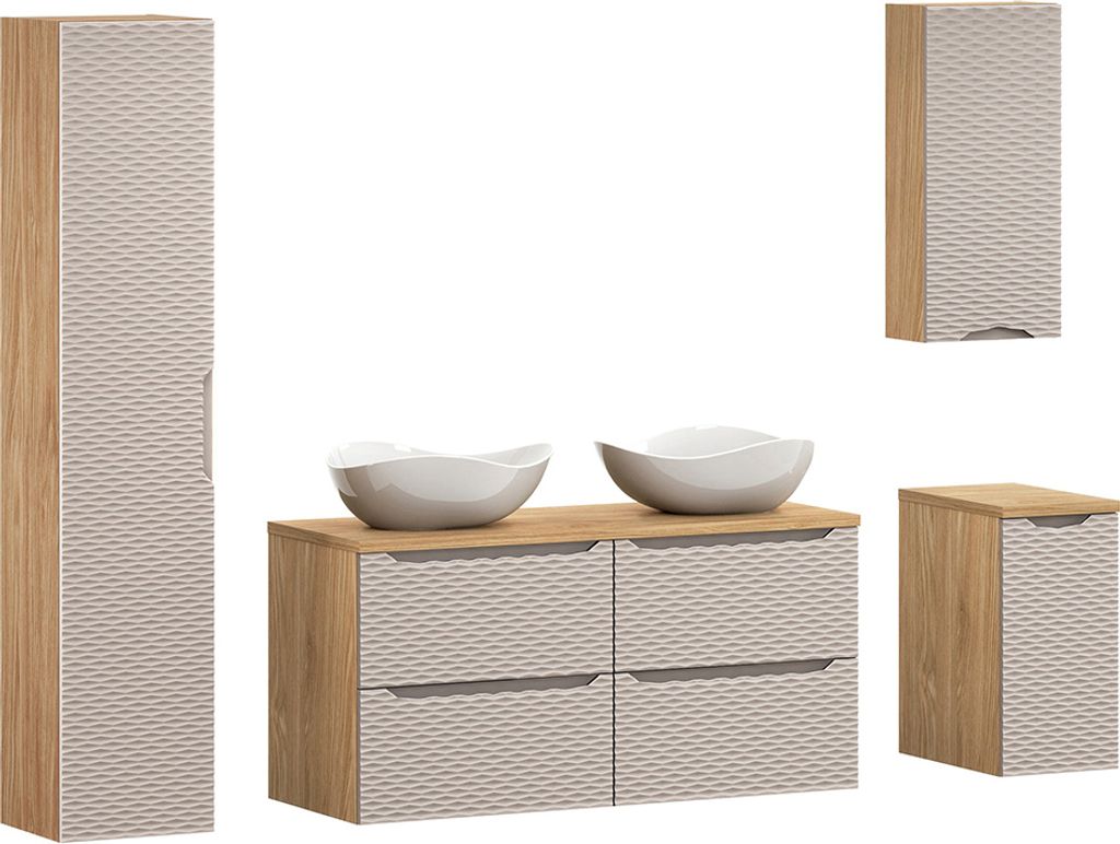 Badmöbel Set 4-teilig mit 120cm Doppelwaschtisch, Eiche mit beige, OLUO-56-BEIGE