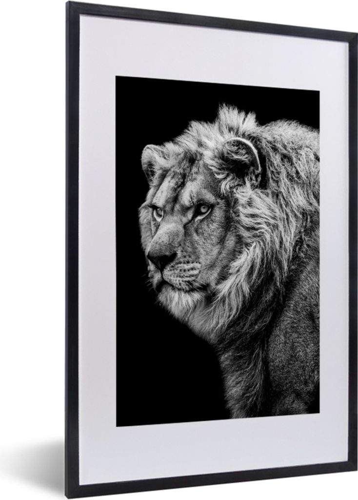 MuchoWow Gerahmtes Poster Löwe - Porträt - Wildtiere - Schwarz - Weiß 40x60 cm - Poster mit Schwarzem Bilderrahmen Wandposter Rahmen Foto Bild...