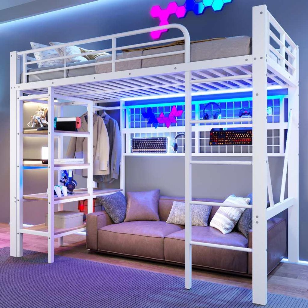 Schwarzes Metall-Hochbett mit LED, Ablagefach & Kleiderstange, ideal für Stauraum & Organisation, inkl. Aufhängnetz, 90 x 200 cm.
