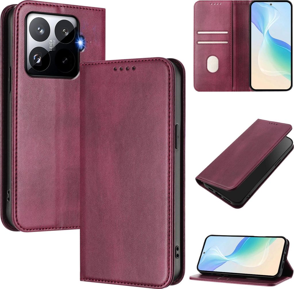 Handyhülle für Xiaomi 15T Pro, Vintage Leder RFID Schutz Kartenfach Standfunktion Magnetische Klapphülle Rot
