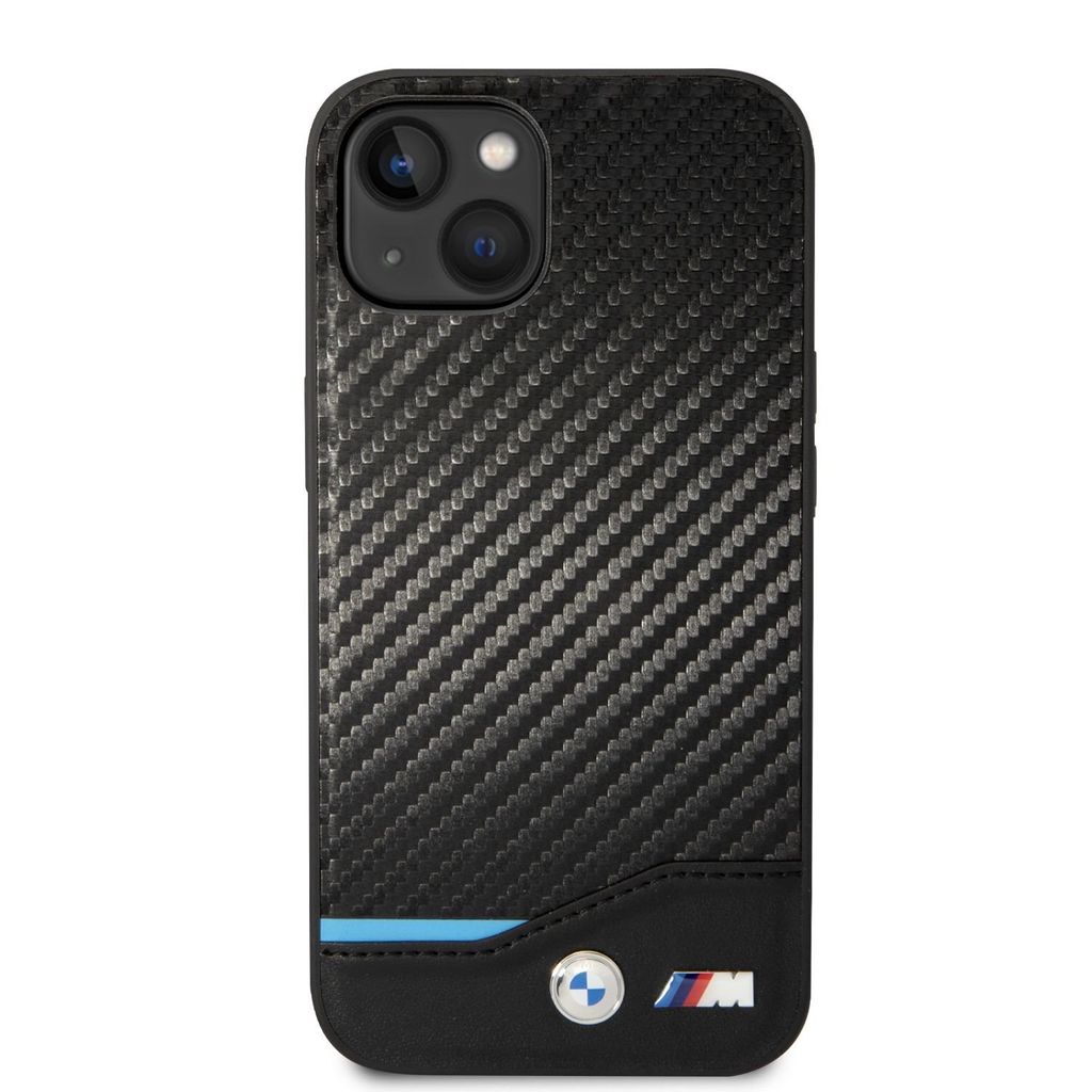 Custodia BMW In Pelle Per IPhone 14 Plus (6,7") – Collezione Leather Stamp, Nero, Rigida Con Bordi Flessibili