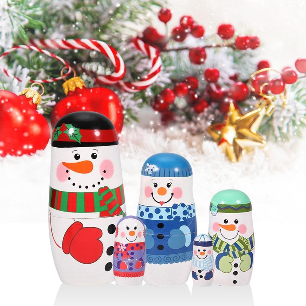 5pcs Weihnachten handbemalt niedliche Holzmatryoshka -Puppen Russische Nistkapital Set Home Dekoration (gro?er Schneemann)