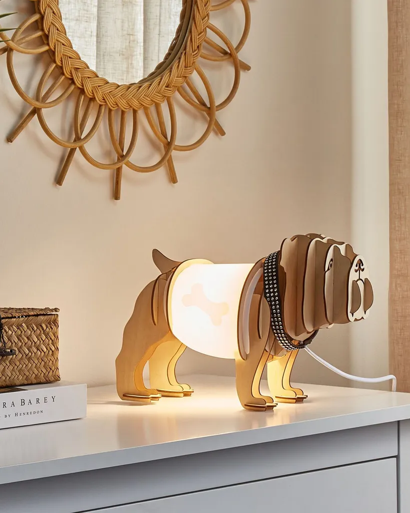 Lampe de table décorative chien bois blanc pour bureau et petit espace