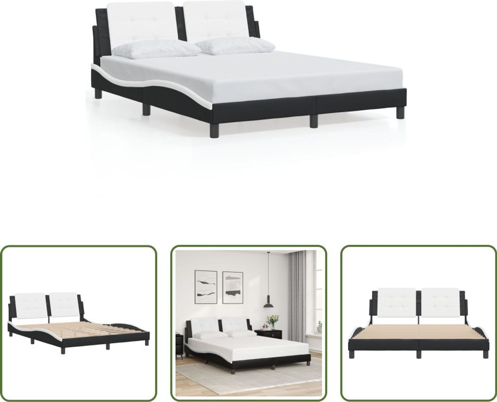 The Living Store Bettgestell mit Kopfteil Schwarz und Weiß 160x200 cm Kunstleder