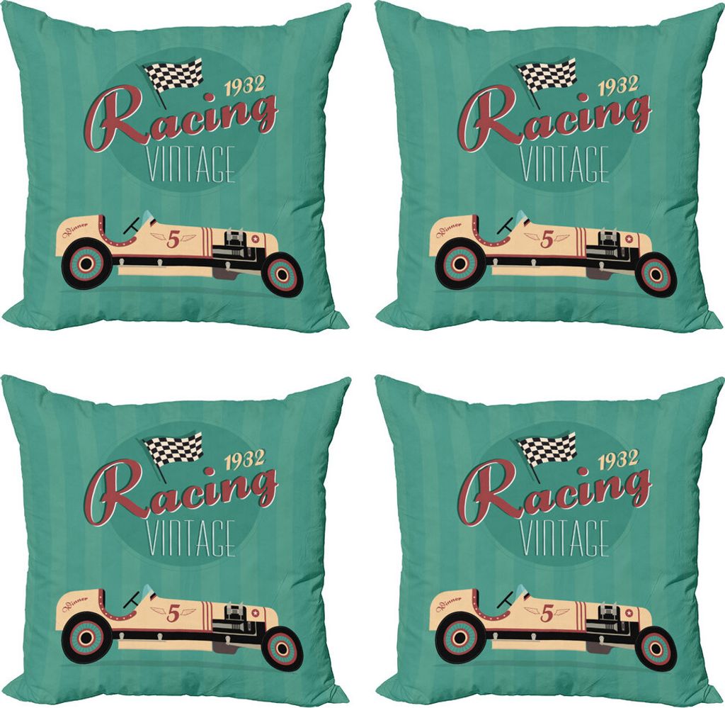 ABAKUHAUS Autos Kissenbezug Set (4 Stück), Vintage Style Automobil, Moderner Doppelseitiger Digitaldruck, 50 cm x 50 cm, Teal Ruby-Creme