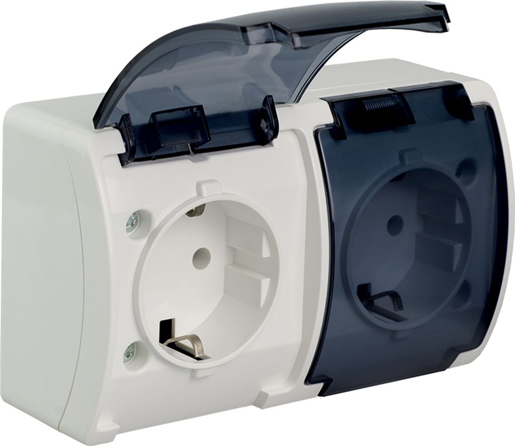 2-Fach Steckdose Aufputz Schuko mit transparent Deckel Produktbild 