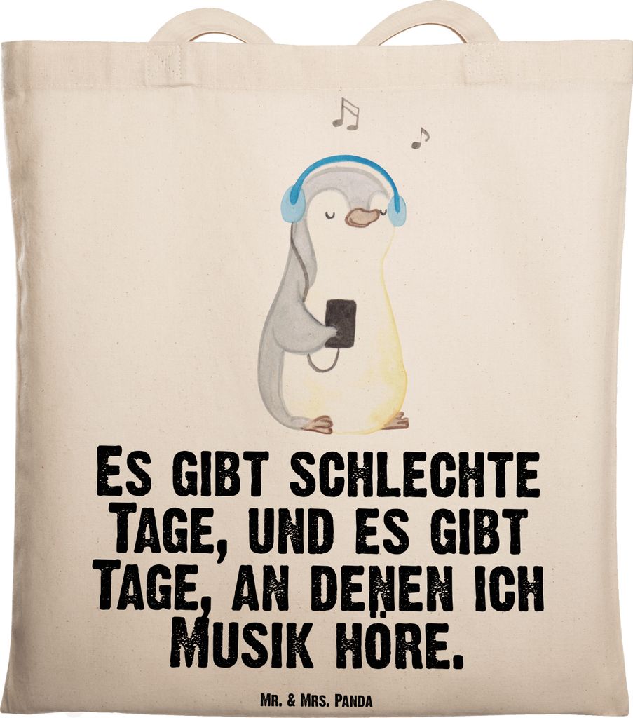 Mr. & Mrs. Panda Shopping Tasche Pinguin Musik hören - Transparent - Geschenk, Tote Bag, Lieblingssong, Jutebeutel, Einkaufstüte, Einkaufstasche