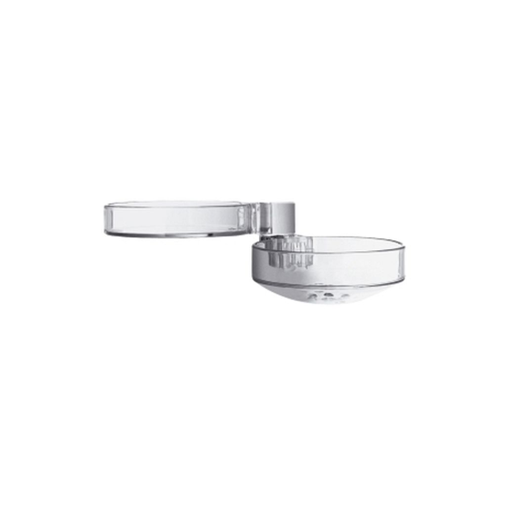 A clear plastic soap dish with a hinged arm, shown against a white background.