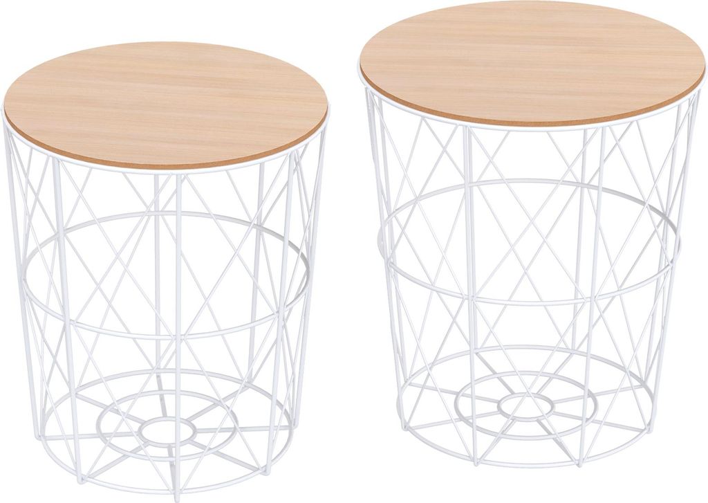 Stapelbarer Couchtisch 2er Set Rund mit Metallgestell - Abnehmbarer Deckel, Natur & Weiß, Wohnzimmertisch Kaffeetisch Beistelltisch