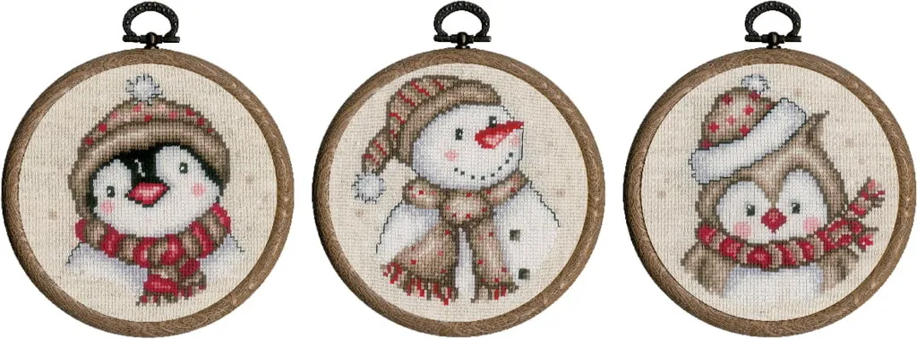 Kit broderie point de croix Vervaco figurines hiver lot de 3 diam 10cm