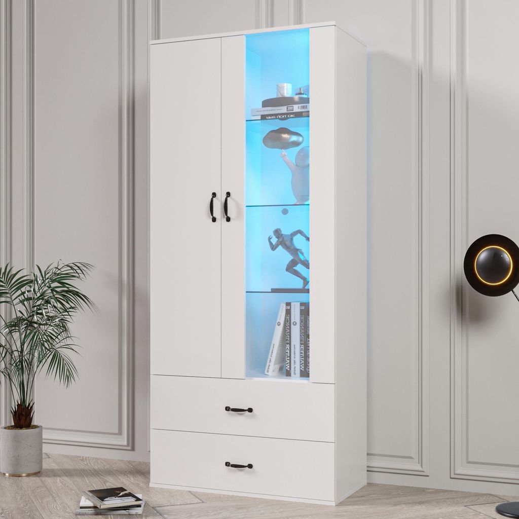 OKWISH Vitrine avec Éclairage LED, 2 Portes Et 2 Tiroirs, Image du produit 