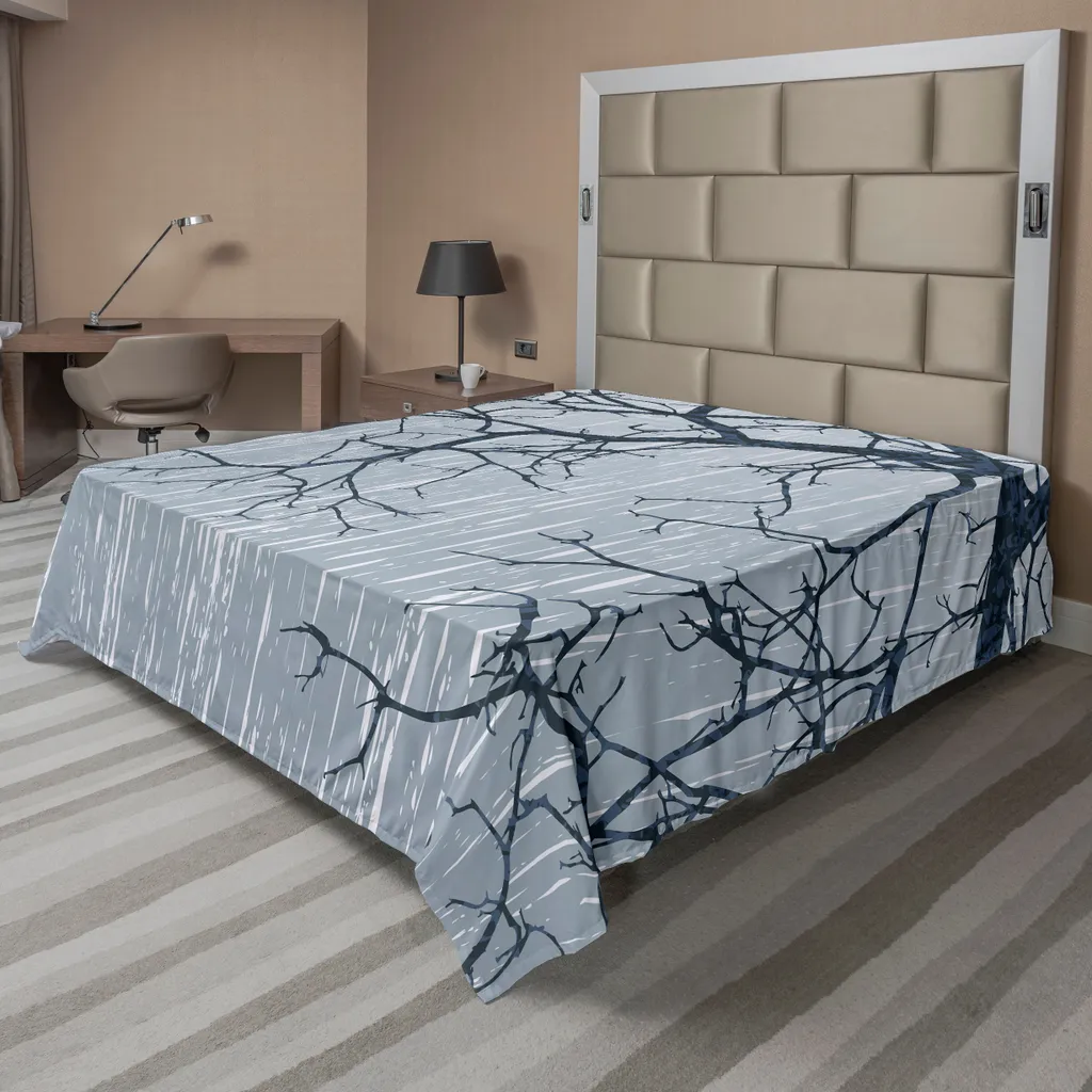 Drap de Lit Gris Imprimé Branches 260x228 cm en Tissu Douceur pour Lit 2 Personnes