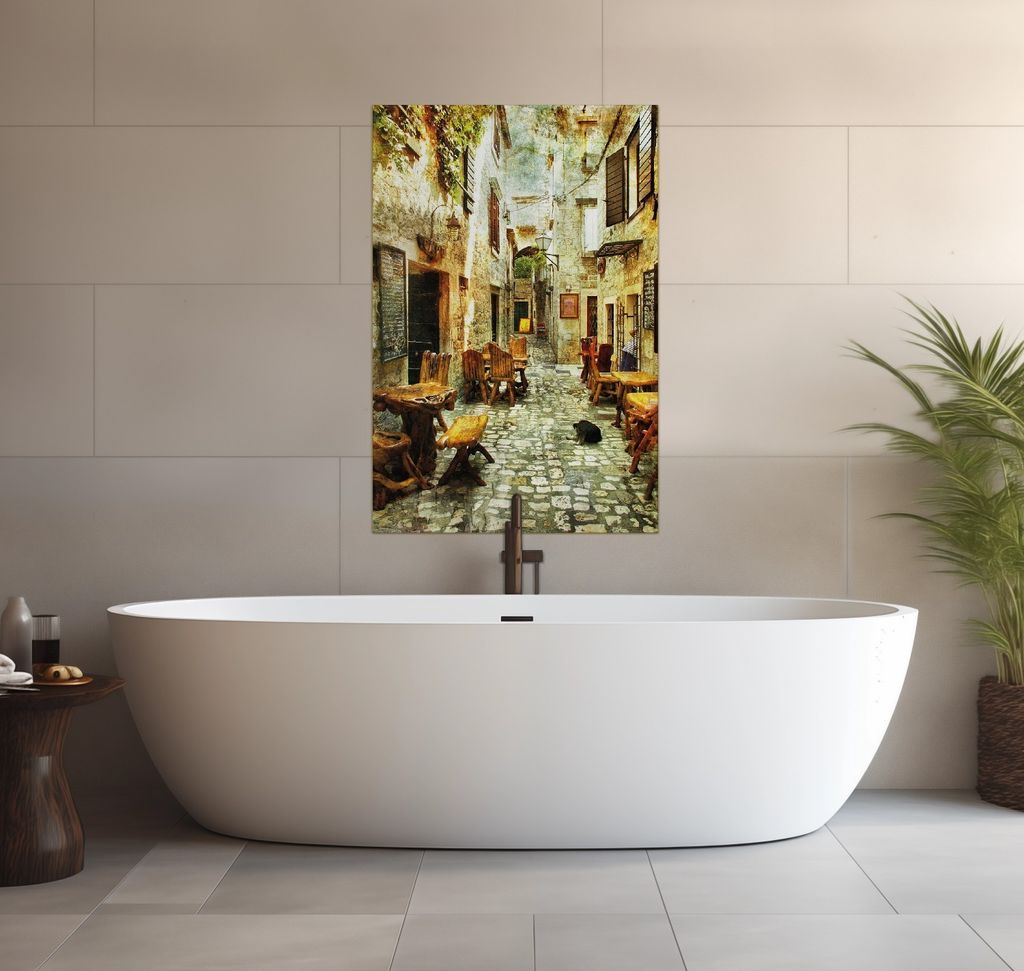 Wallario wasserfestes Poster selbstklebend 91,50 x 61 cm, Italienische kleine Gasse, Badezimmerposter Spritzschutz mit Hochglanzoberfläche in Glas...