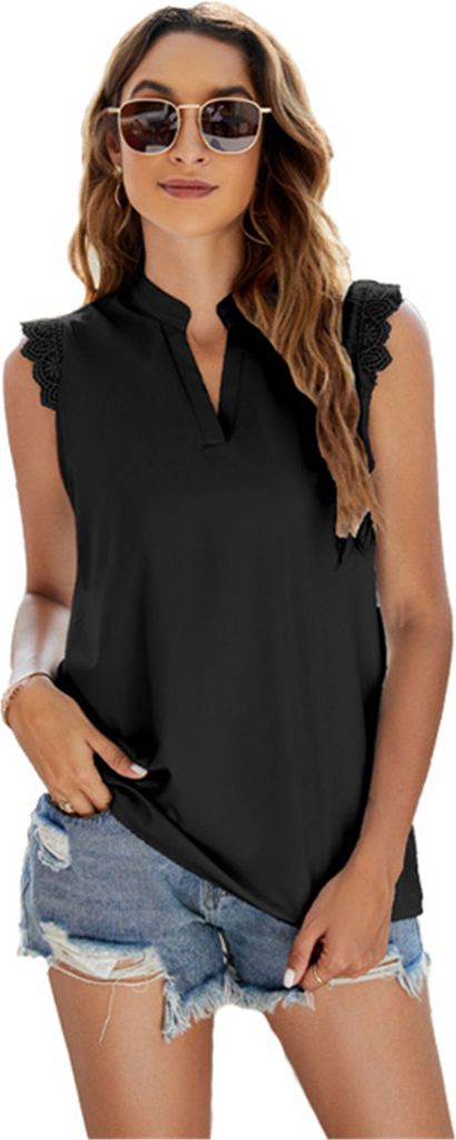 ASKSA Damen Ärmellos T-Shirt Elegant Bluse V-Ausschnitt Spitzen Hemd Lässige Sommer Top Einfarbiges Oberteile, Schwarz, M