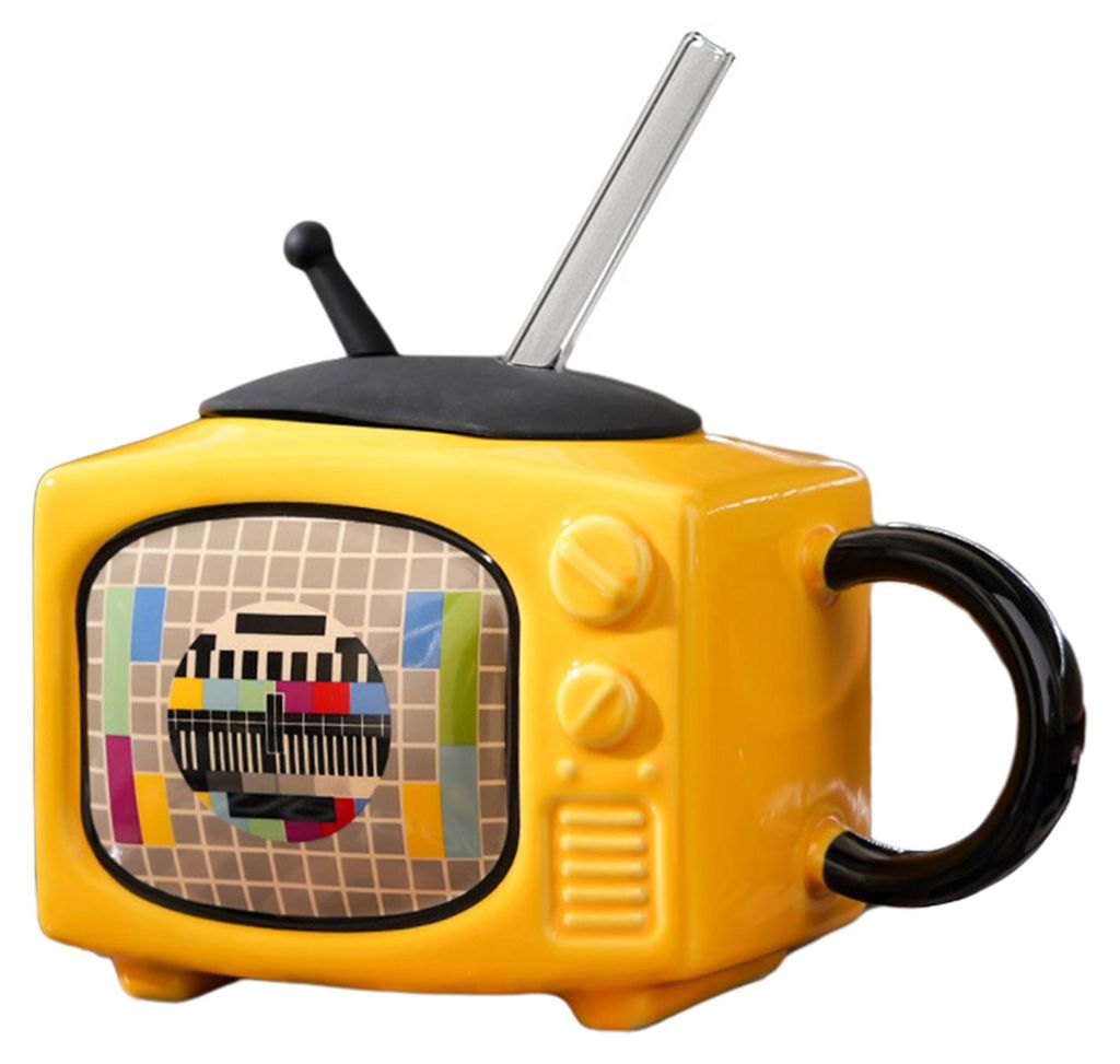 Retro-Fernseher-Keramikbecher mit Deckel und Strohhalm, 450 ml, kreatives, nostalgisches Design, auslaufsicher und hitzebeständig, originelles Ges...
