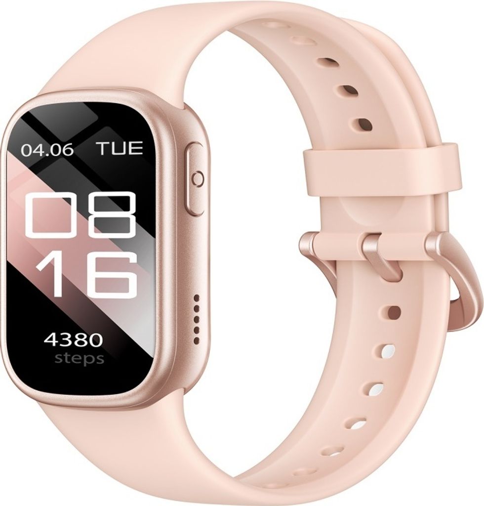 A pink smartwatch with a rose gold casing is shown against a white background.
