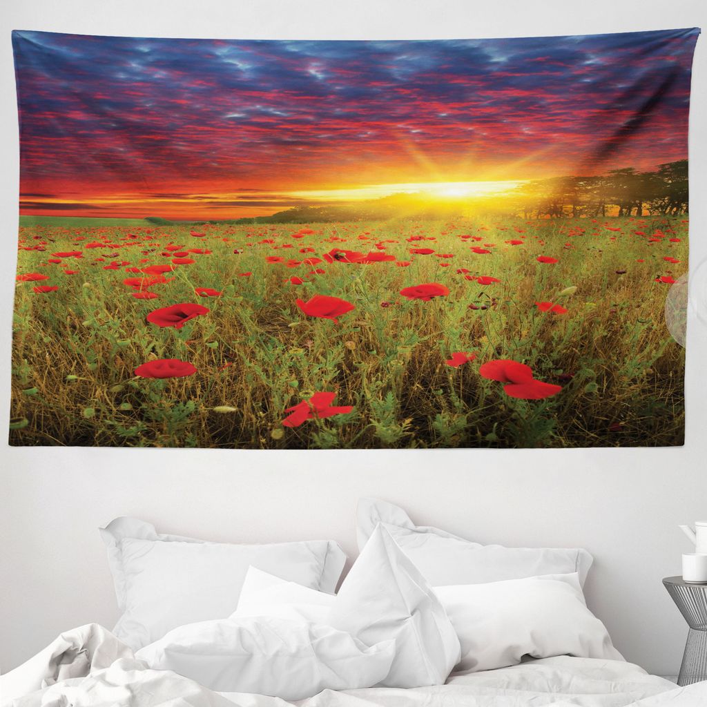 ABAKUHAUS Bunt Wandteppich, Wiese Poppies Himmel aus Weiches Mikrofaser Stoff Waschbar ohne Verblassen Digitaldruck, 230 x 140 cm, Kadett Blau Scha...