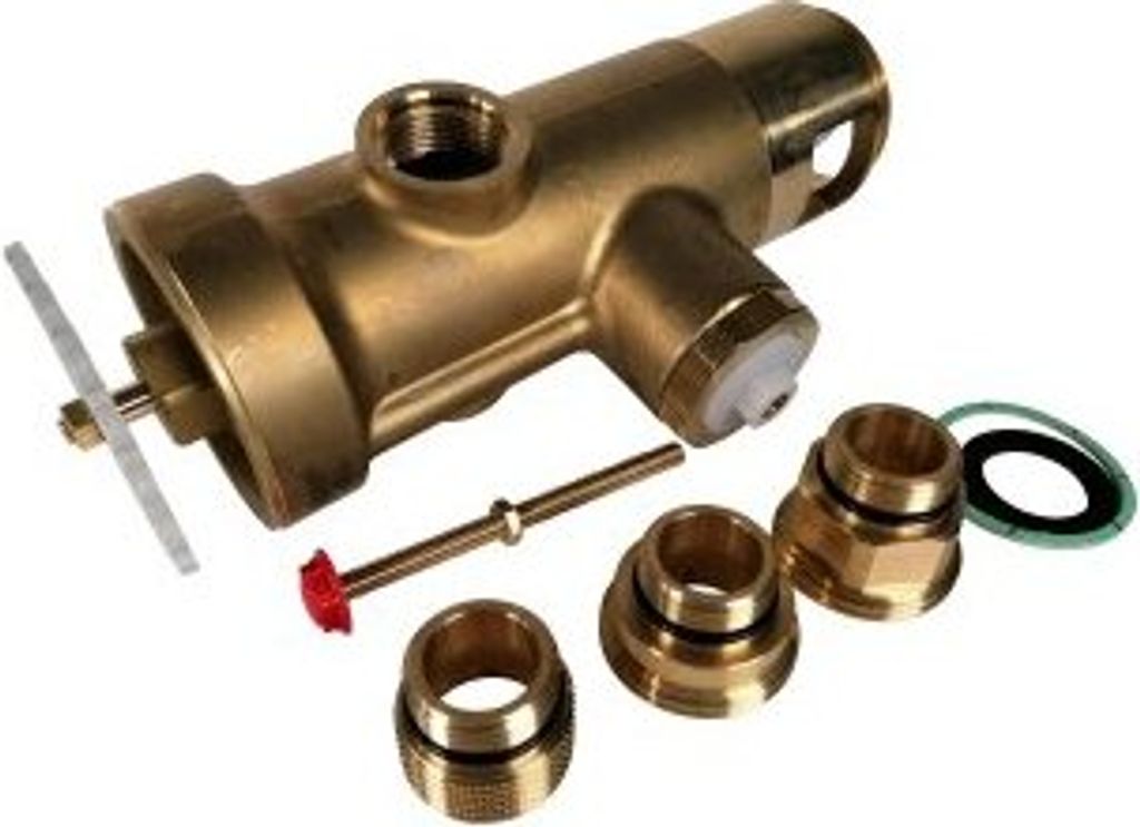 A brass plumbing fixture and its associated parts are laid out on a white background.