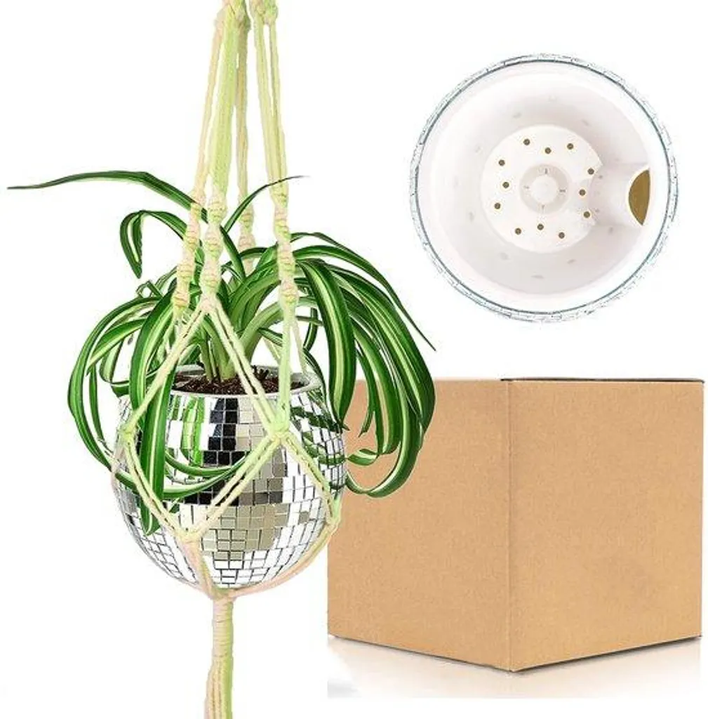 Pot de fleurs auto-arrosant Discobol argenté 15 cm avec macramé blanc