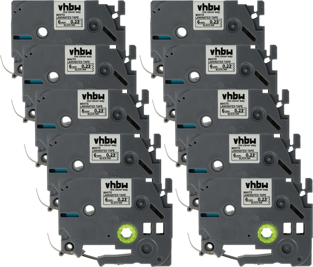 vhbw 10x Schriftband-Kassette kompatibel mit Brother PT 1230PC, 1200P, 1200, 1090, 1080, 1010, 1000-Serie Etiketten-Drucker 8m x 6mm Schwarz auf Weiß