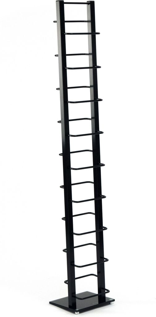 A tall, slender black metal CD rack is photographed against a white background.