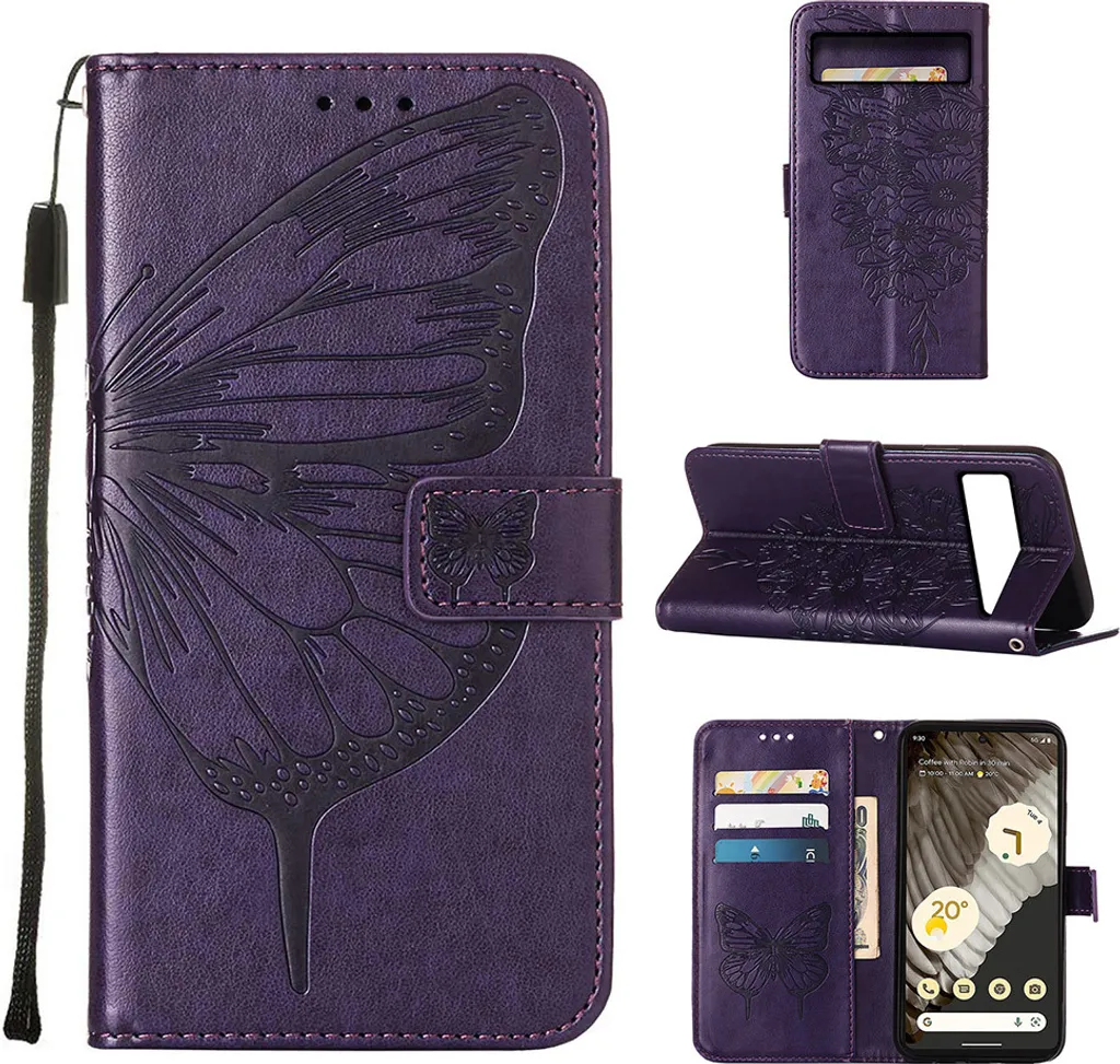 Custodia Google Pixel 8 Viola Farfalla in Rilievo - Wallet Case Pelle