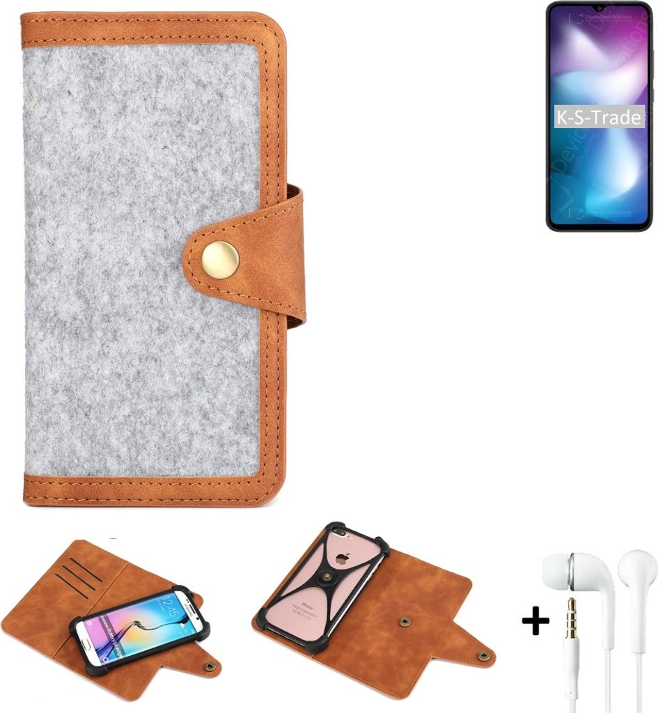 K-S-Trade Handyhülle + Kopfhörer kompatibel mit Xiaomi Redmi 9 Activ Schutzhülle Filz Hülle Kunstleder hellgrau braun (1x)