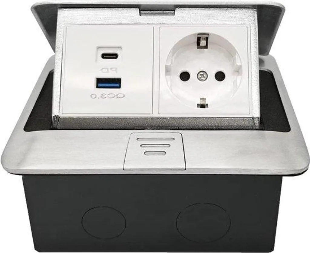 Prise de sol avec port USB et double prise secteur - Finition métal gris