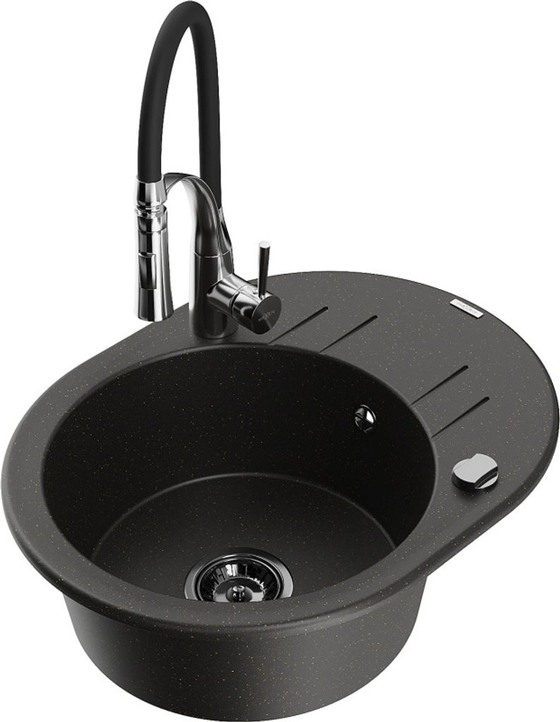 Mexen Kevin 1 Becken-Granitspüle mit Abtropffläche und Mischbatterie Aster, Schwarz/Gold metallisch - 6517-75-73450-07-B