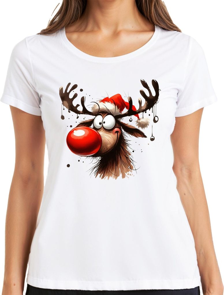 Lustiges Reh Rentier Rudolf Elch - Weihnachten Xmas Christmas Damen T-Shirt, Weiß, M