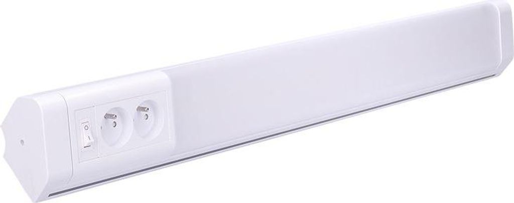 A white linear light fixture with two electrical outlets and a switch on one end, shown against a white background.
