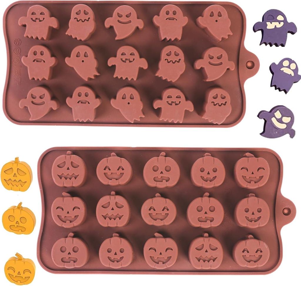 Halloween-Silikonformen, 2 Stück, 15 Mulden, Kürbis- und Gespenster-Silikonformen, Halloween-Schokoladenformen, Süßigkeitenformen für Gummibon...