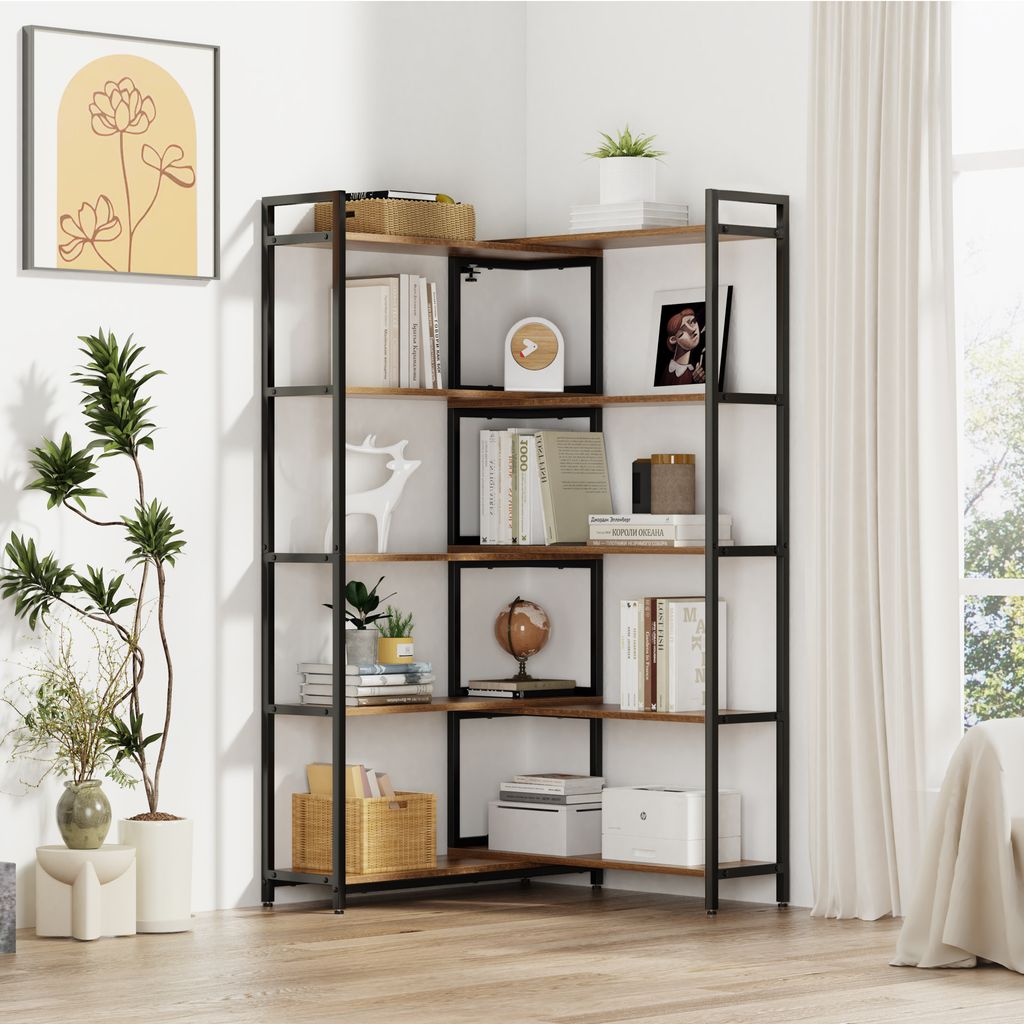 A corner bookshelf filled with books, decorative items, and plants.