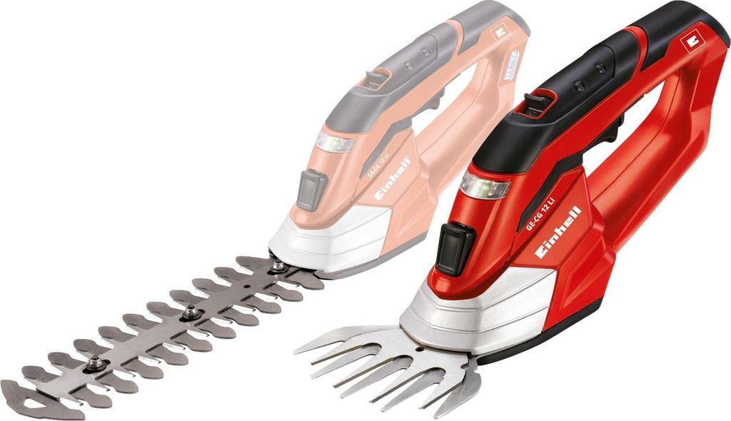 A red and black cordless grass and shrub shear with a long blade attachment and a shorter shear attachment.