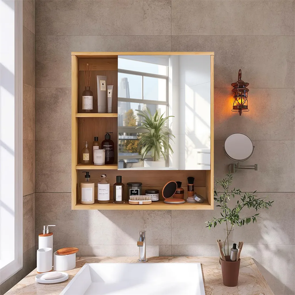 WISFOR Mobile Bagno con Specchio 59cm - Armadietto Pensile Salvaspazio
