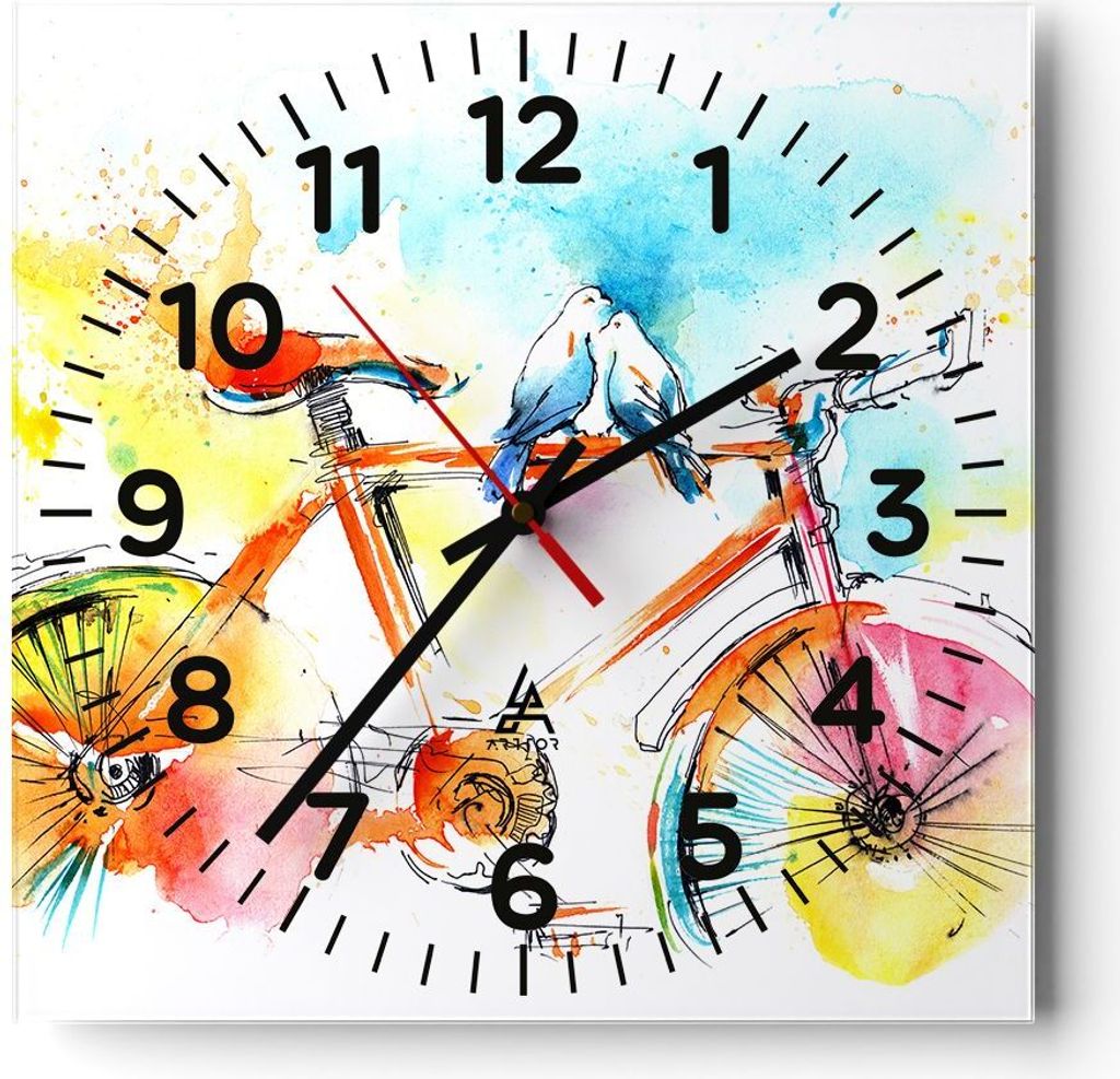 Wanduhr - Quadrat - Glasuhr - Fahrrad Vögel Taube Reinheit - 30x30cm - Schleichendes Uhrwerk - Lautlos - zum Aufhängen bereit - Dekoration Modern...