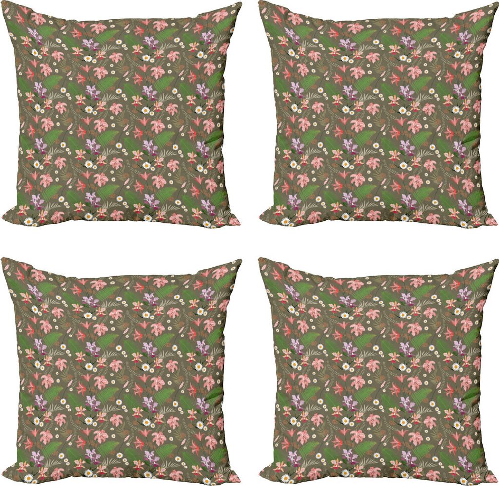 ABAKUHAUS Orchideen Kissenbezug Set (4 Stück), Daisy Hibiscus Farnlaub, Moderner Doppelseitiger Digitaldruck, 45 cm x 45 cm, Mehrfarbig