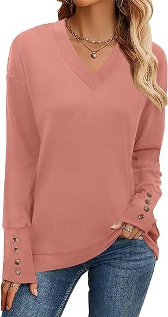 Übergroße Damen-Sweatshirts mit V-Ausschnitt und langen Ärmeln, lässig, trendig, Button-Down-Pullover, Tunika-Oberteile, Blusen 2023, Rosa, XL