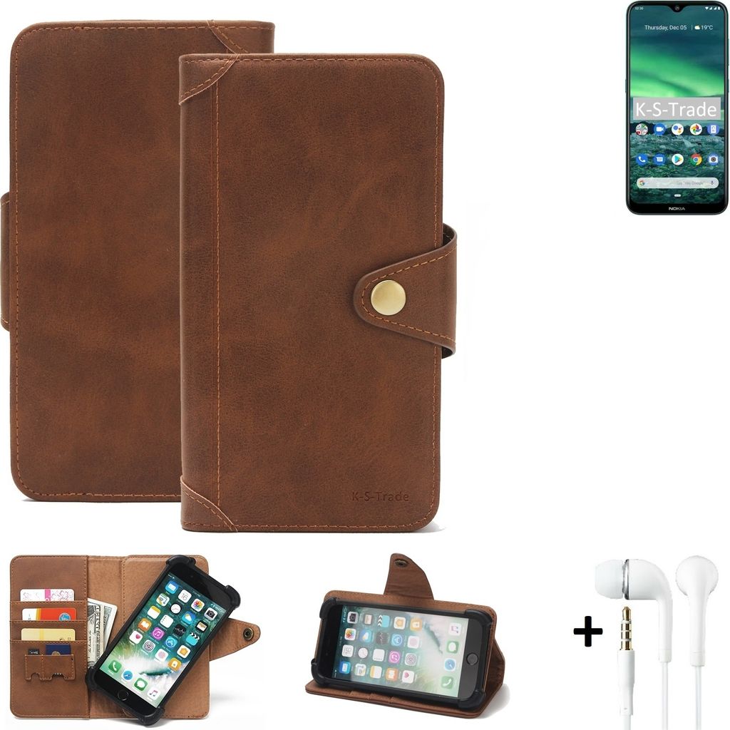 K-S-Trade Handyhülle + Kopfhörer für Nokia 2.3 Schutz Hülle Walletcase Bookstyle Tasche Case Handytasche Wallet Flipcase Cover PolyurethanBraun...