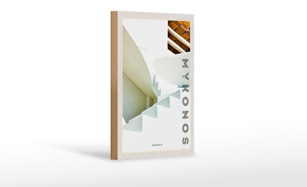 Holzschild Reise 12x18 cm Mykonos Griechenland weiße Treppen