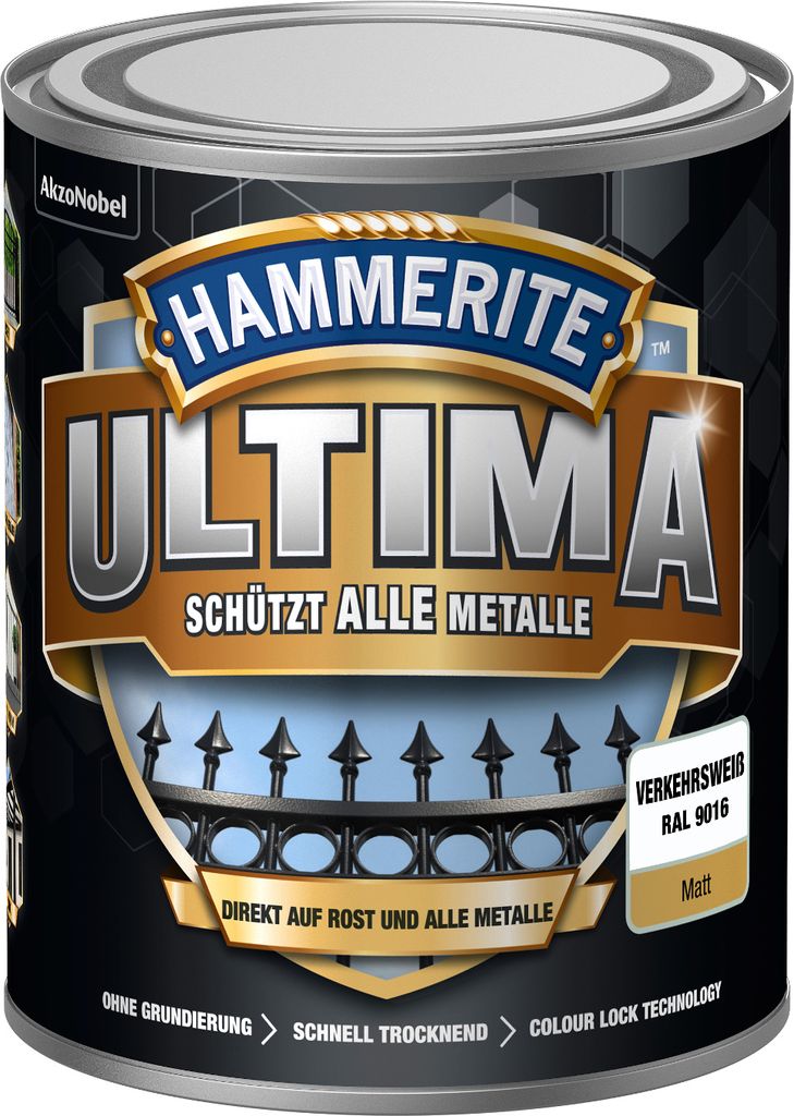 Hammerite Metallschutzlack Ultima Matt, Hochwertiger Schutzlack für alle Metalle im Außenbereich, Verkehrsweiß, RAL 9016, 750 ml